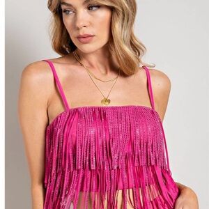 NWOT Buckle Tiered Rhinestone Fringe Cropped Tank Top in hot pink